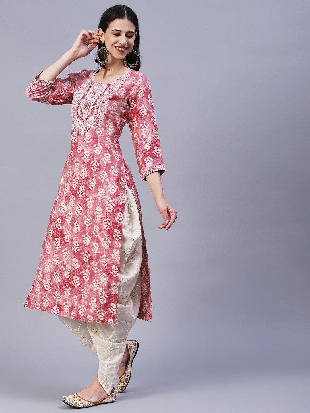 Textured Batik Printed Mirror & Resham Embroidered Kurta - Pink - Indiakreations