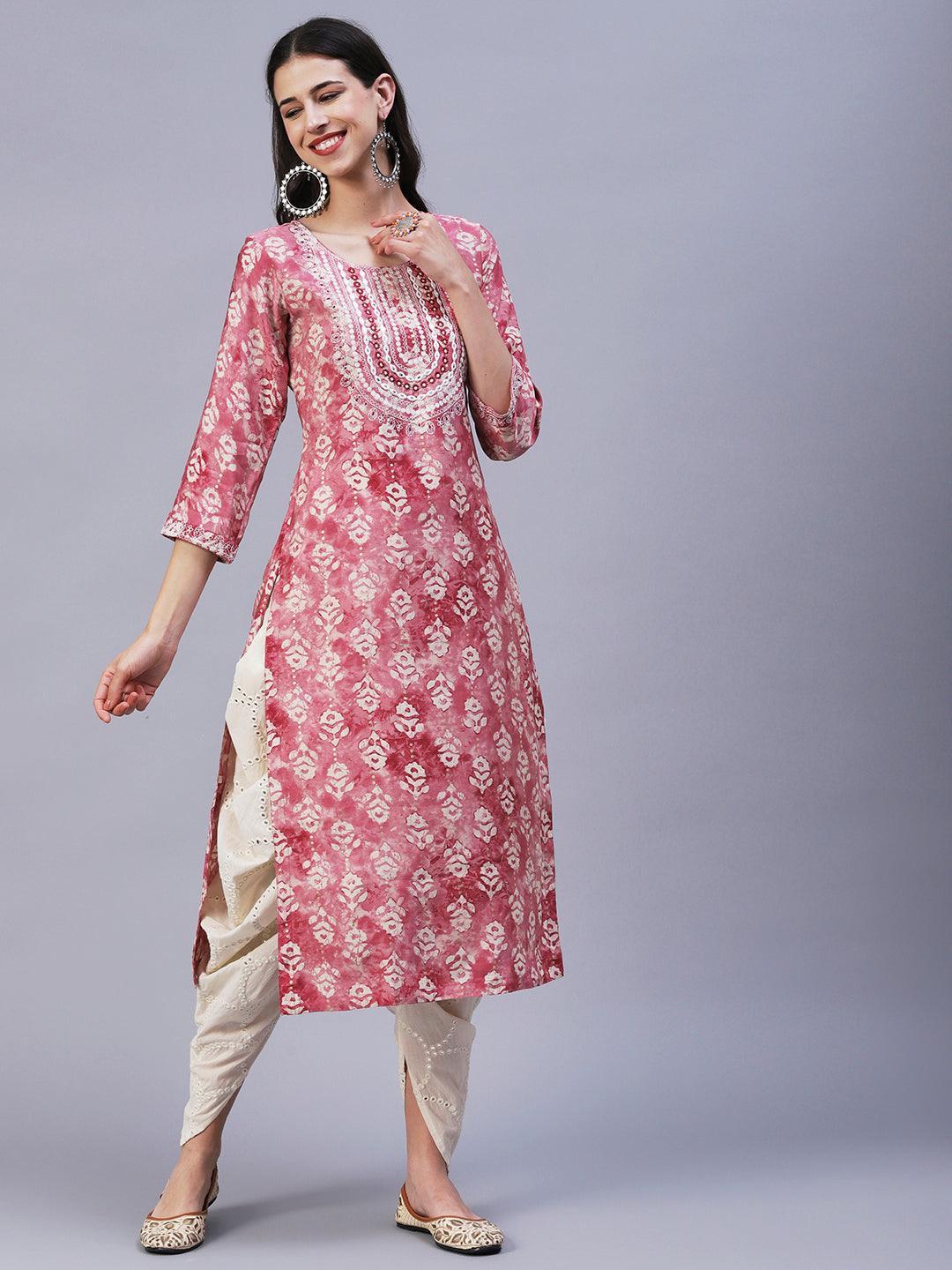 Textured Batik Printed Mirror & Resham Embroidered Kurta - Pink - Indiakreations