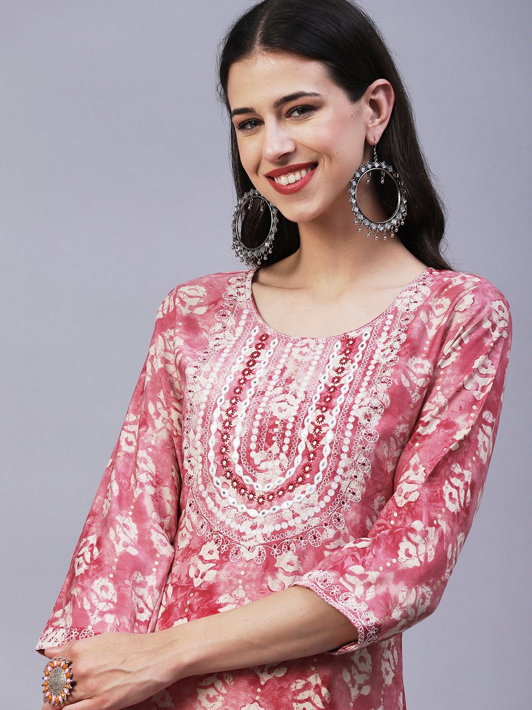 Textured Batik Printed Mirror & Resham Embroidered Kurta - Pink - Indiakreations