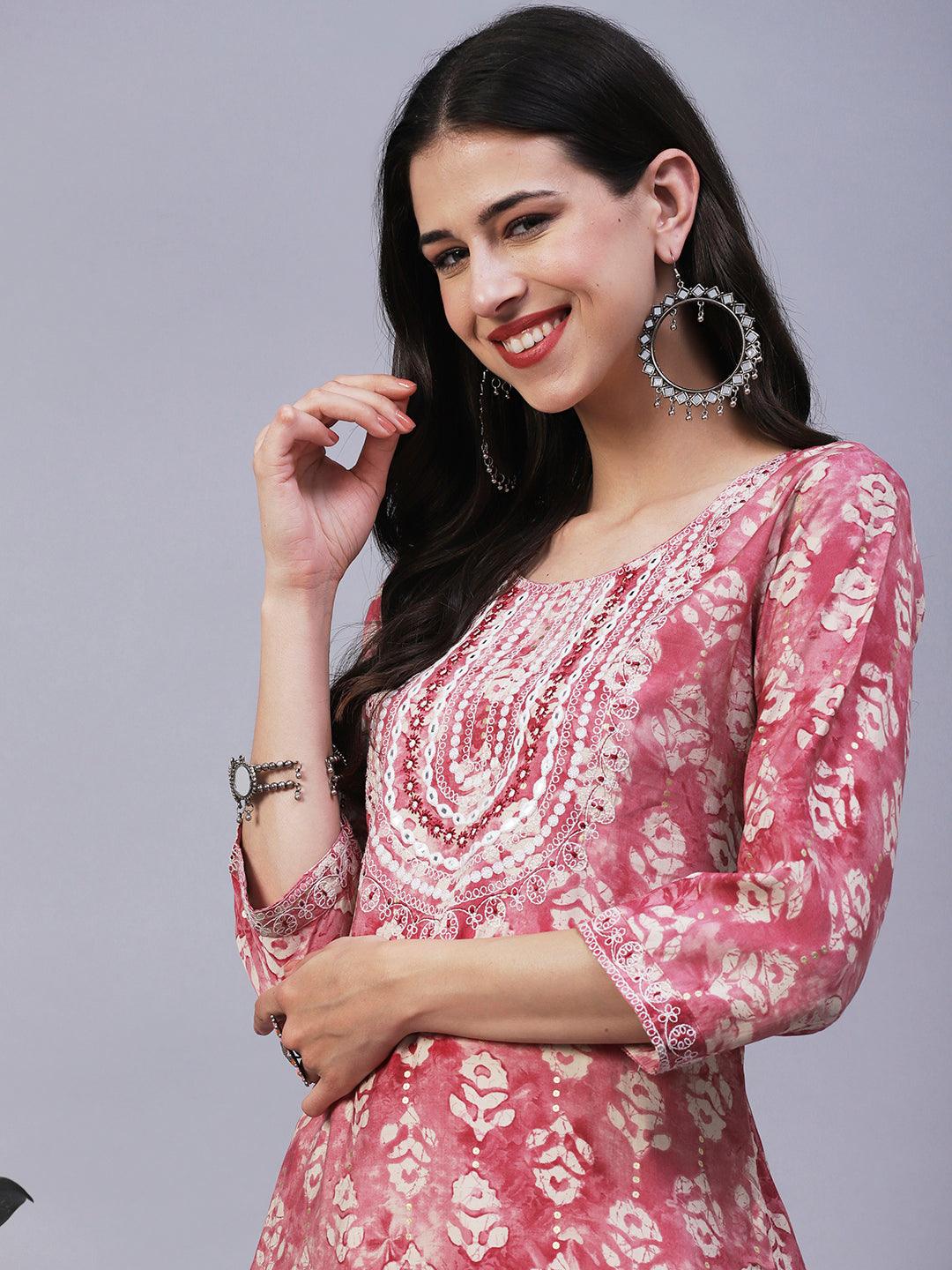 Textured Batik Printed Mirror & Resham Embroidered Kurta - Pink - Indiakreations