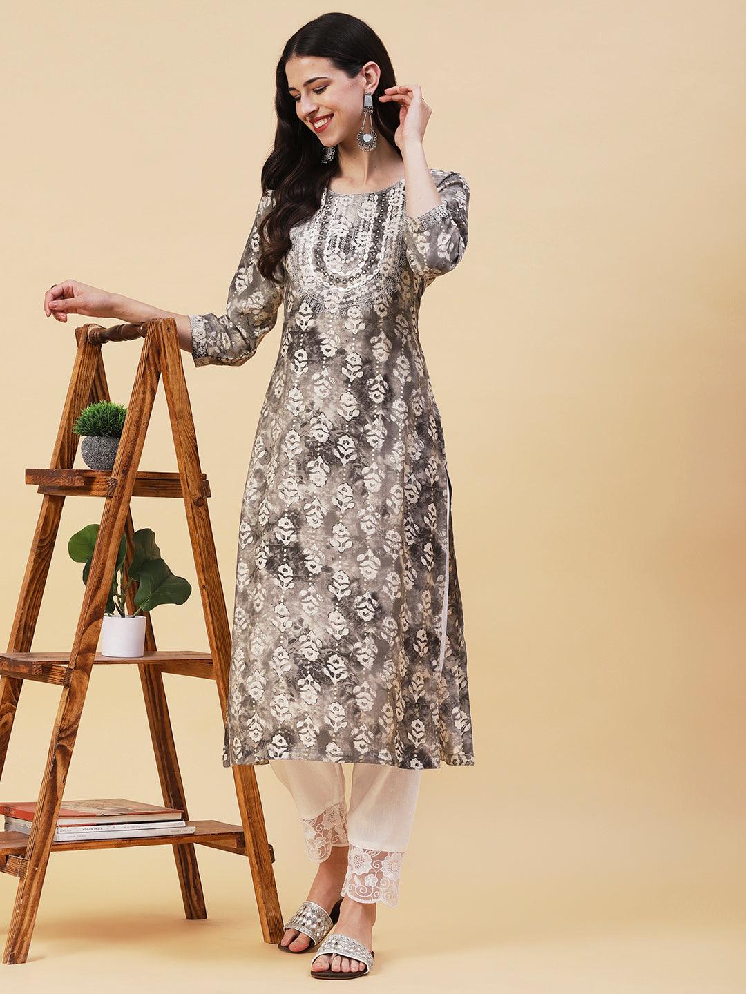 Textured Batik Printed Mirror & Resham Embroidered Kurta - Grey - Indiakreations