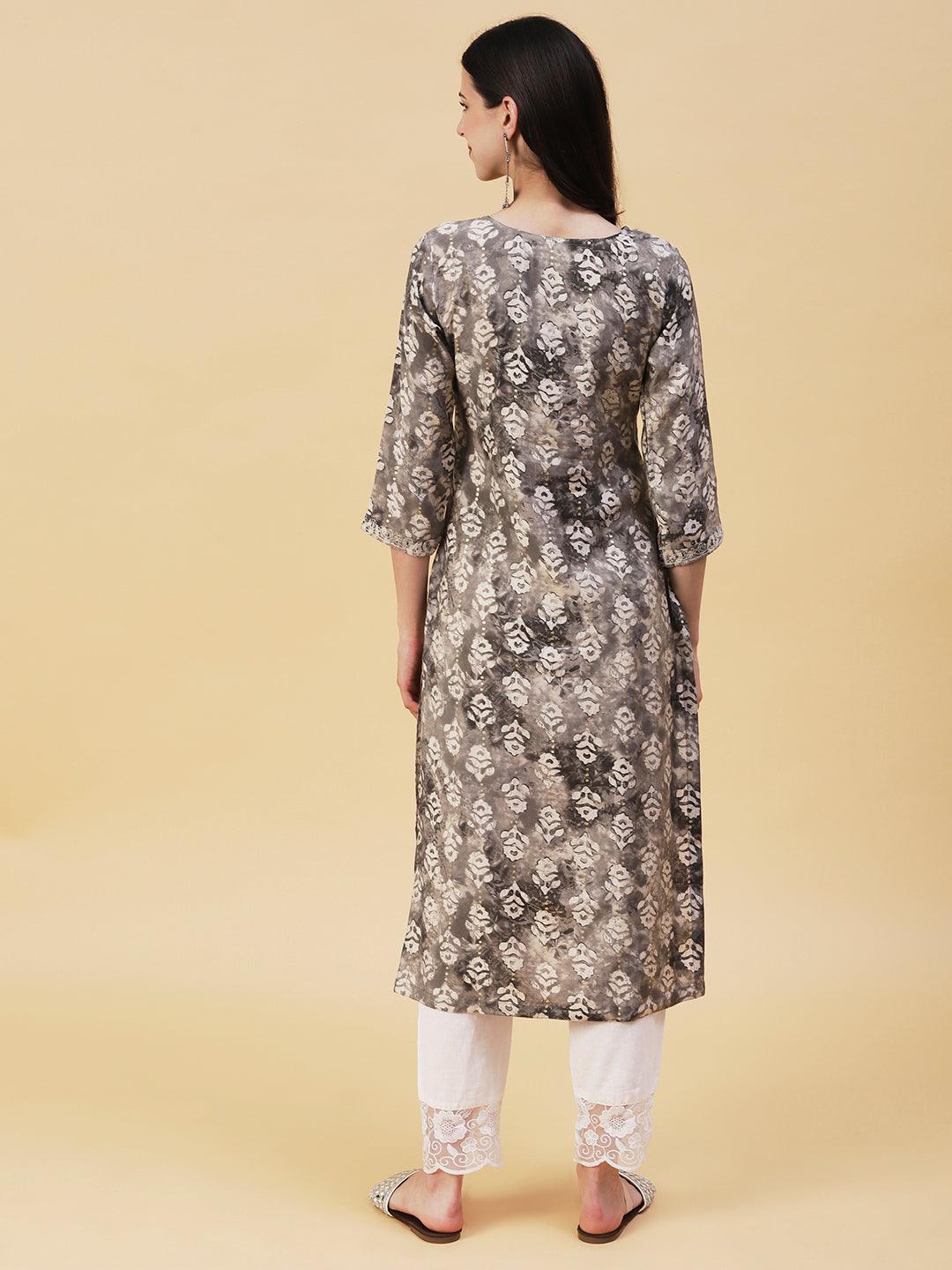 Textured Batik Printed Mirror & Resham Embroidered Kurta - Grey - Indiakreations