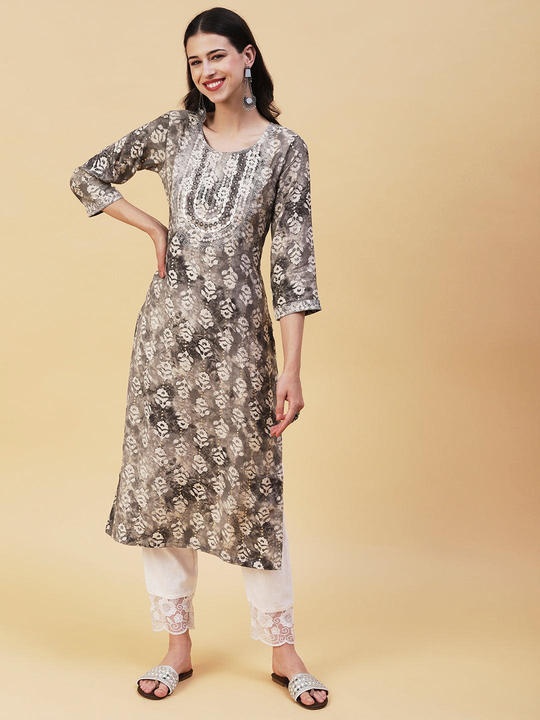 Textured Batik Printed Mirror & Resham Embroidered Kurta - Grey - Indiakreations