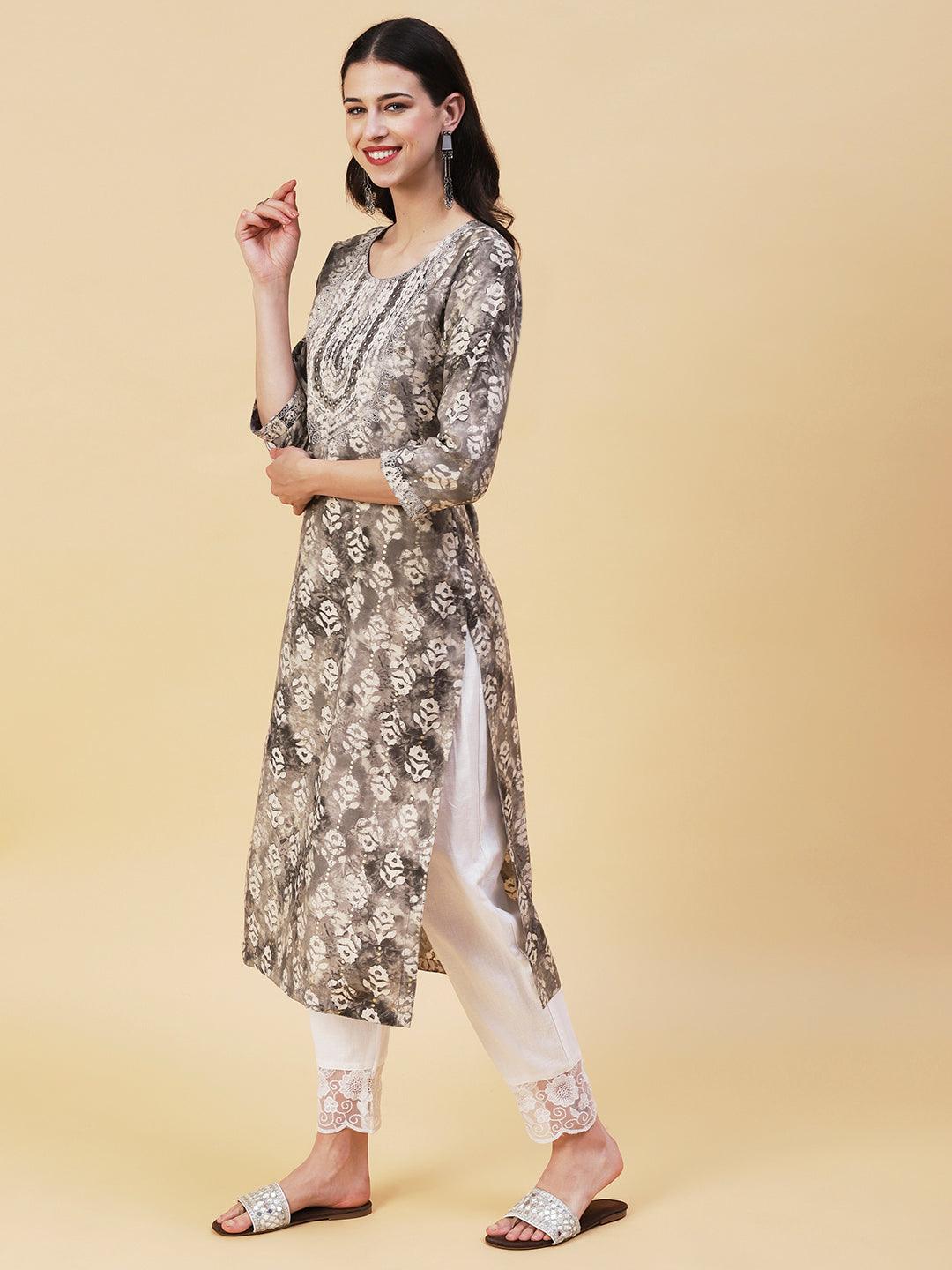 Textured Batik Printed Mirror & Resham Embroidered Kurta - Grey - Indiakreations