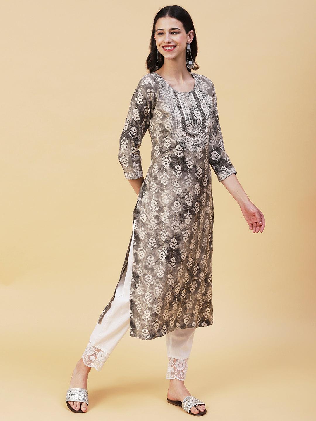 Textured Batik Printed Mirror & Resham Embroidered Kurta - Grey - Indiakreations