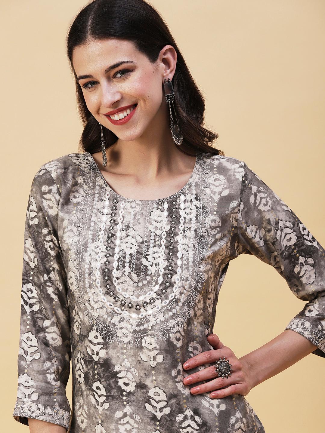 Textured Batik Printed Mirror & Resham Embroidered Kurta - Grey - Indiakreations