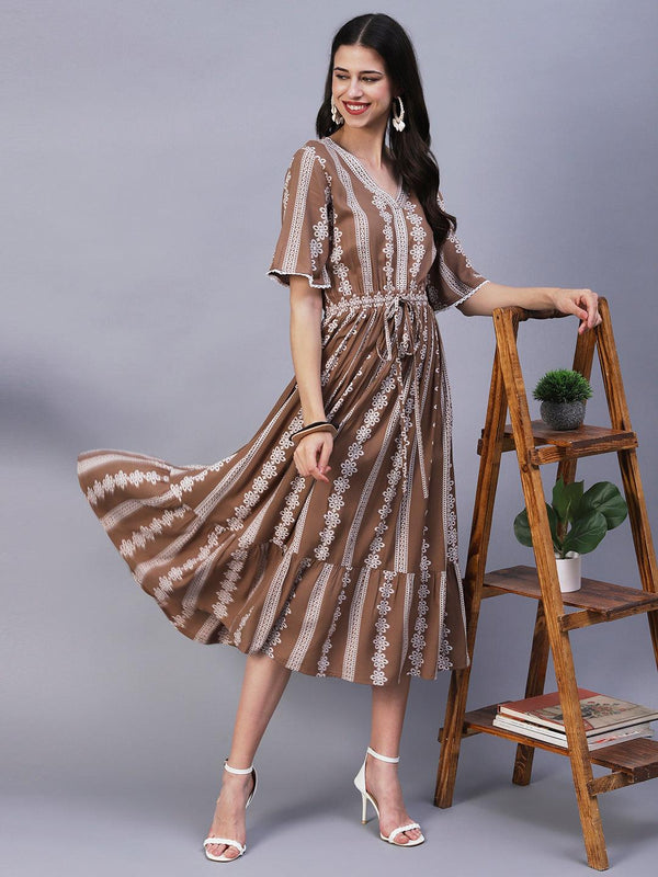 Ethnic Stripes Printed Fit & Flare Midi Dress - Brown - Indiakreations