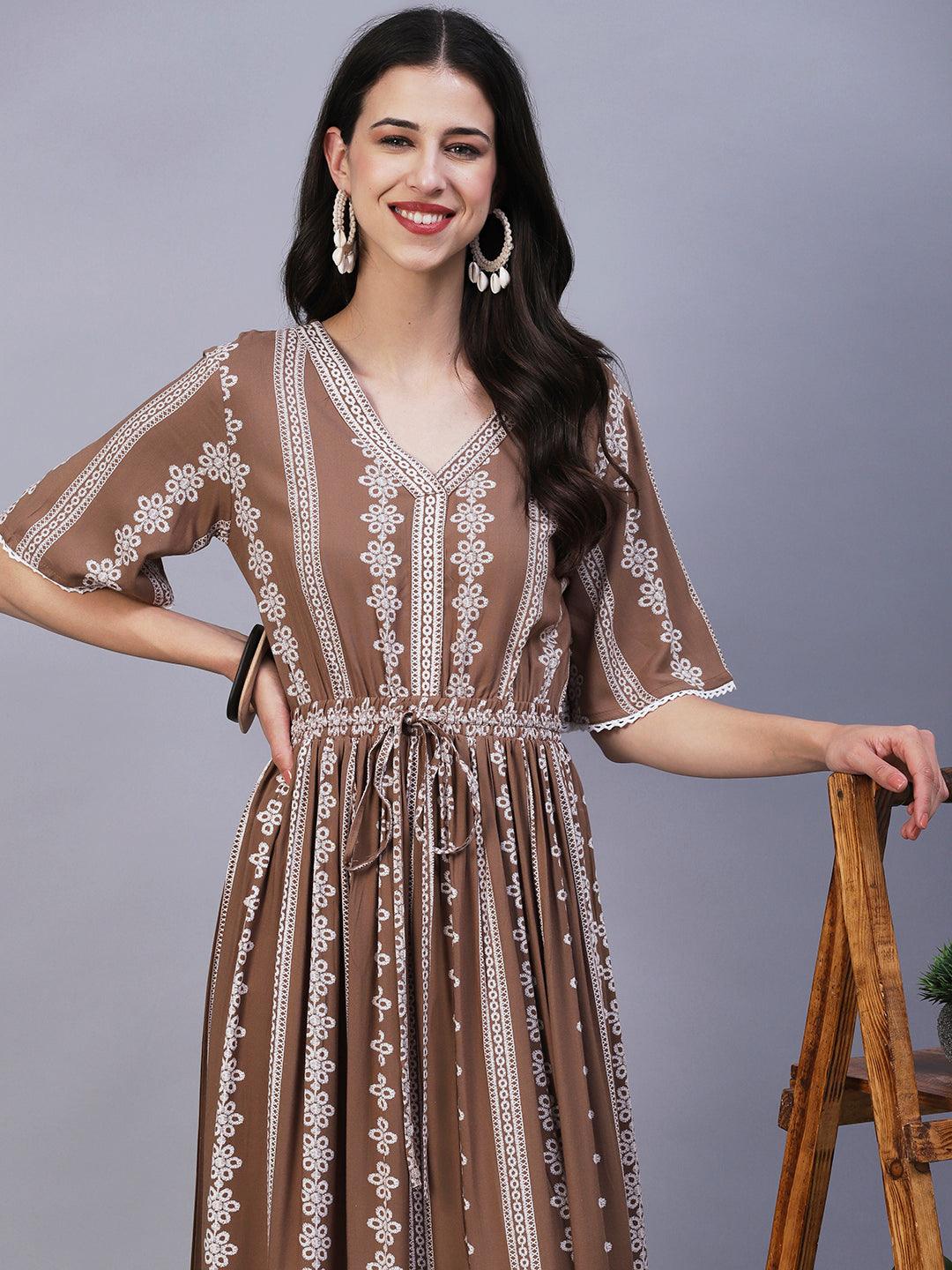 Ethnic Stripes Printed Fit & Flare Midi Dress - Brown - Indiakreations