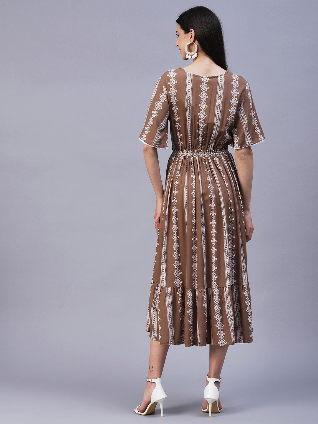 Ethnic Stripes Printed Fit & Flare Midi Dress - Brown - Indiakreations