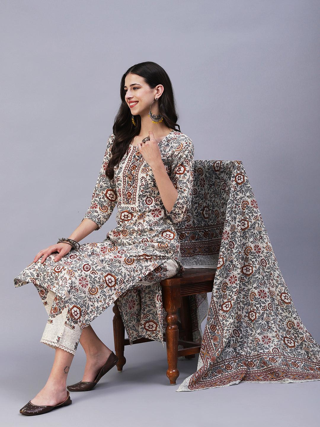 Floral Printed Straight Fit Kurta with Pant & Dupatta - Off White - Indiakreations