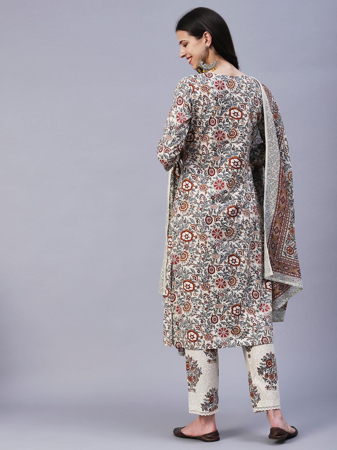 Floral Printed Straight Fit Kurta with Pant & Dupatta - Off White - Indiakreations