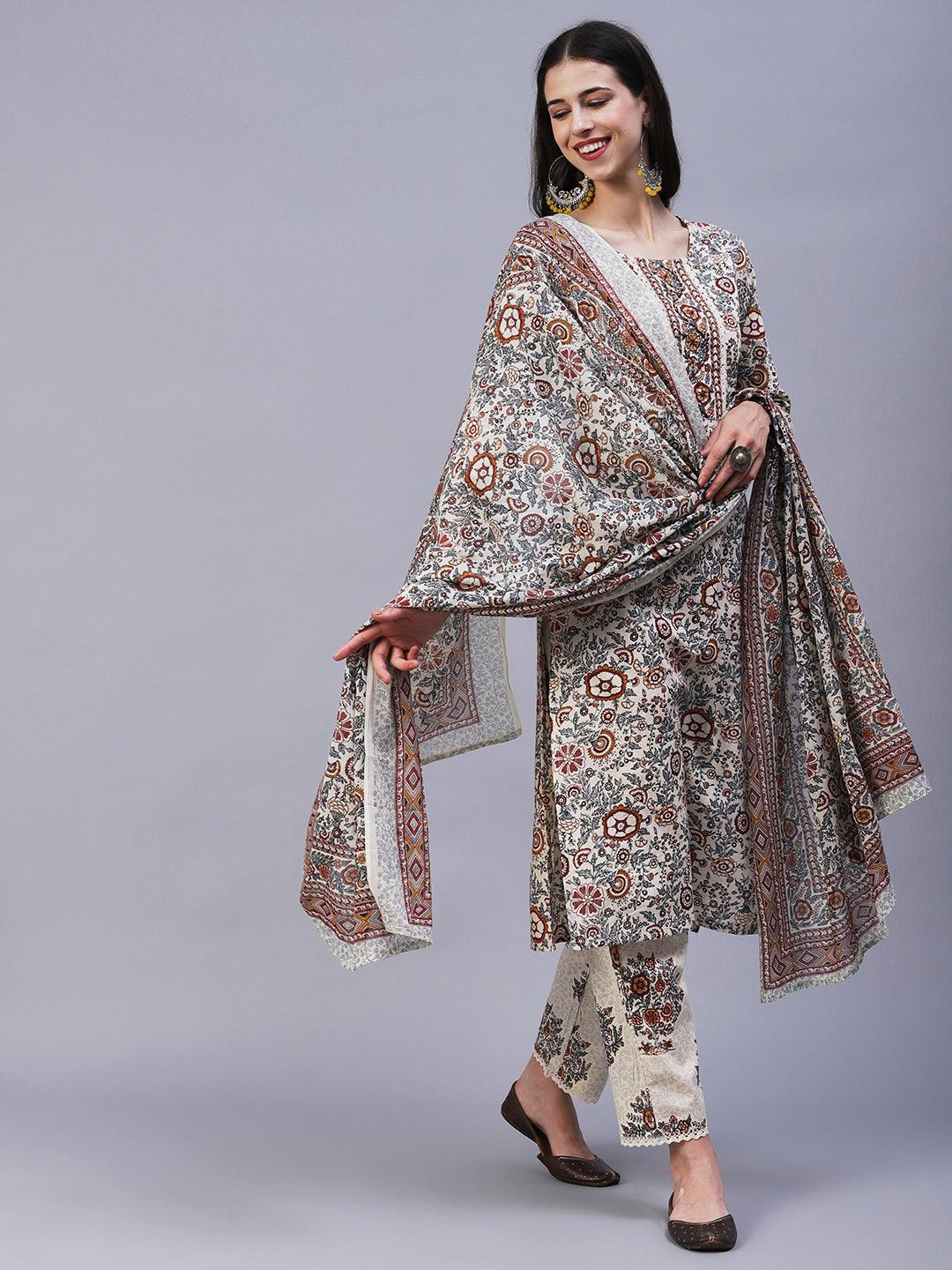 Floral Printed Straight Fit Kurta with Pant & Dupatta - Off White - Indiakreations