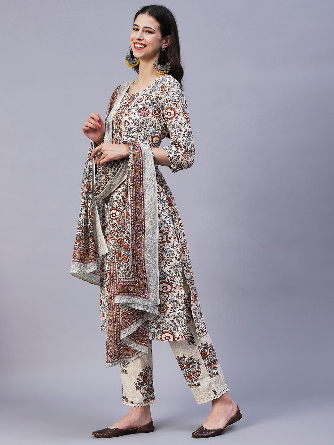 Floral Printed Straight Fit Kurta with Pant & Dupatta - Off White - Indiakreations