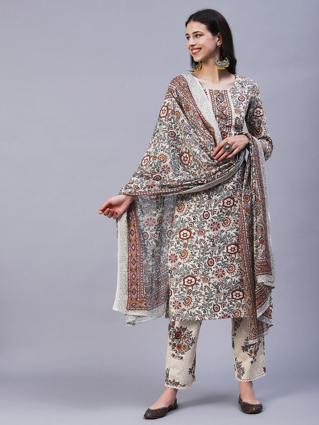 Floral Printed Straight Fit Kurta with Pant & Dupatta - Off White - Indiakreations