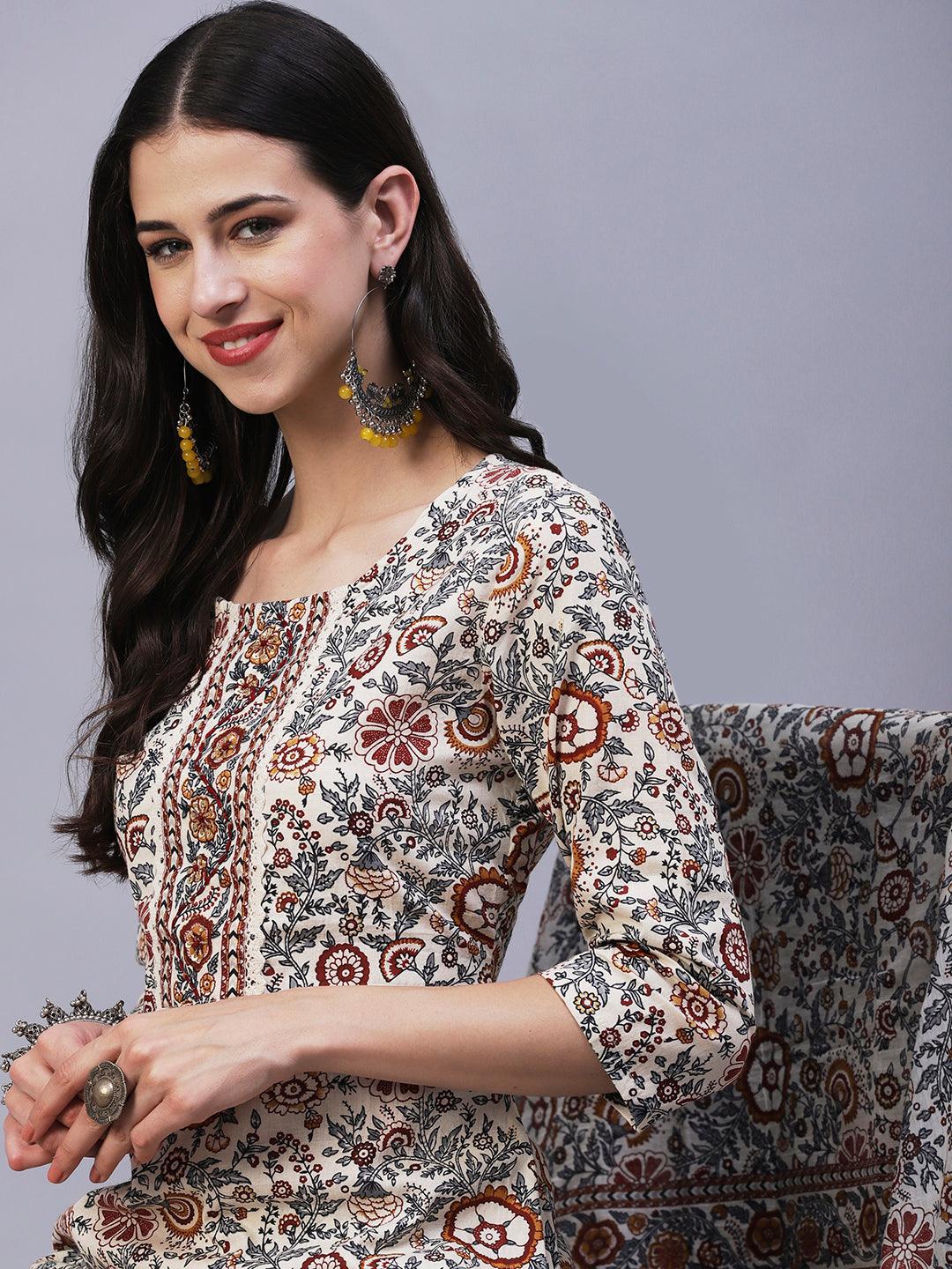 Floral Printed Straight Fit Kurta with Pant & Dupatta - Off White - Indiakreations