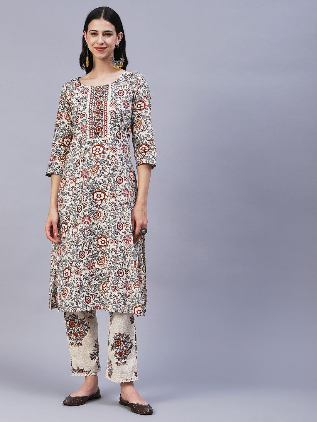 Floral Printed Straight Fit Kurta with Pant & Dupatta - Off White - Indiakreations