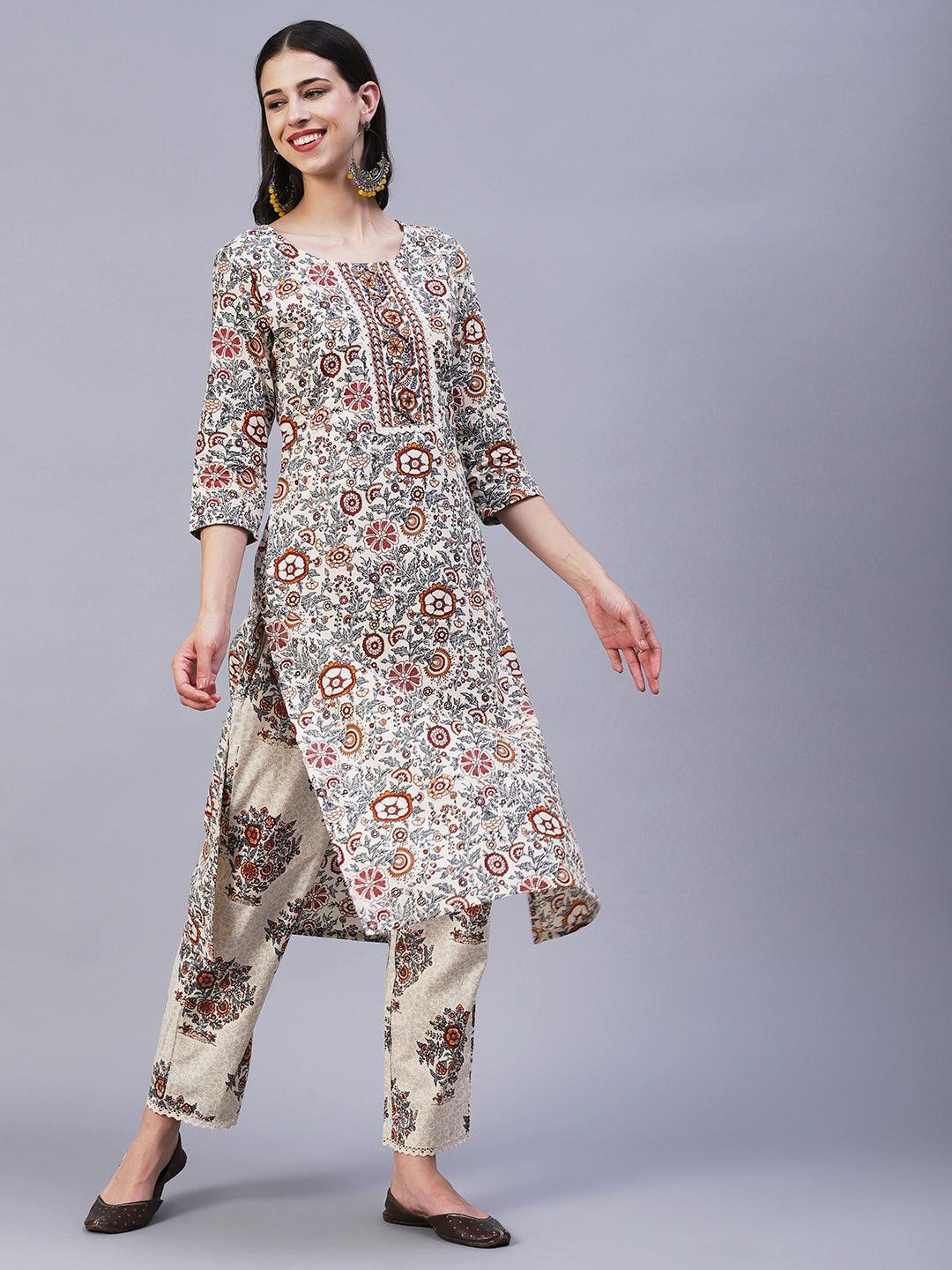 Floral Printed Straight Fit Kurta with Pant & Dupatta - Off White - Indiakreations