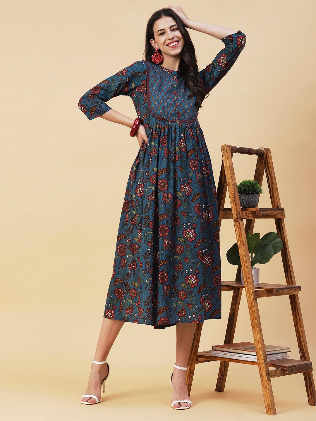 Floral Printed Sequins & Resham Embroidered Empire Frock Kurta - Blue - Indiakreations