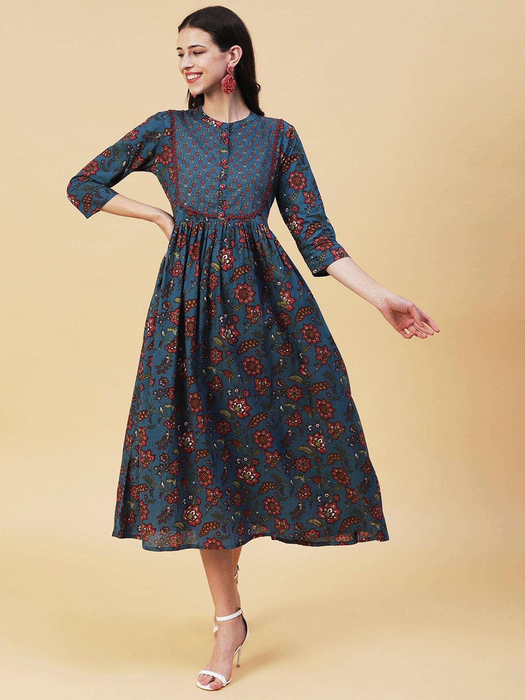 Floral Printed Sequins & Resham Embroidered Empire Frock Kurta - Blue - Indiakreations