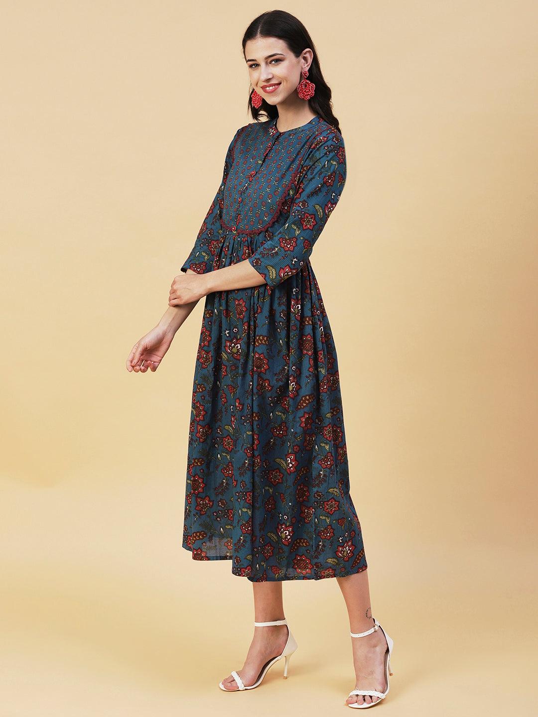 Floral Printed Sequins & Resham Embroidered Empire Frock Kurta - Blue - Indiakreations