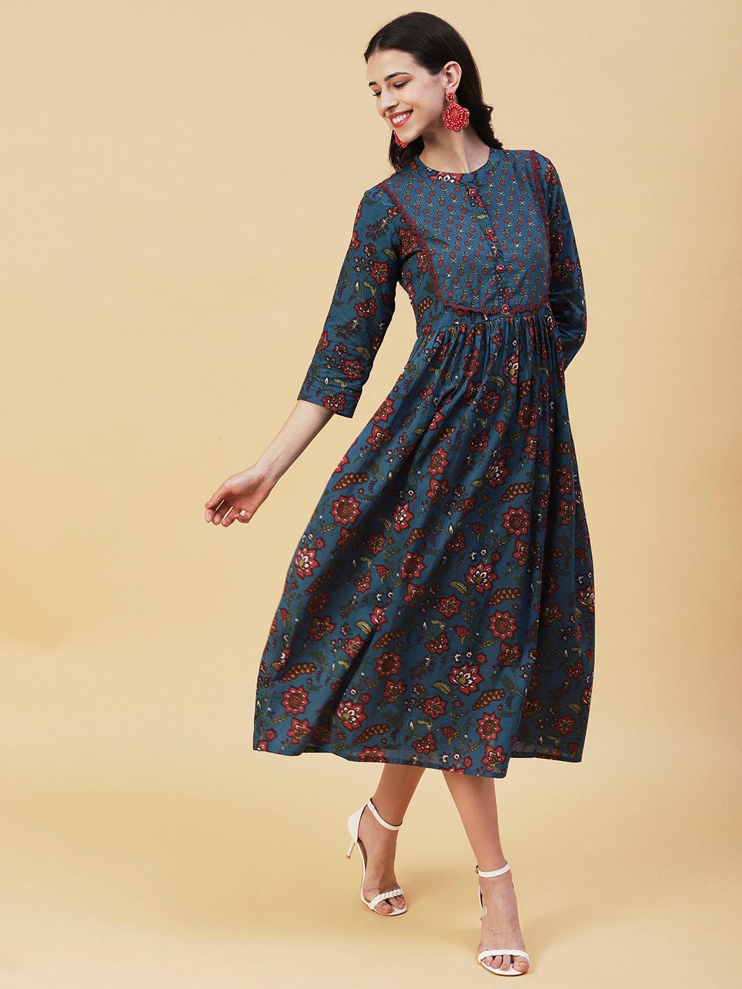 Floral Printed Sequins & Resham Embroidered Empire Frock Kurta - Blue - Indiakreations