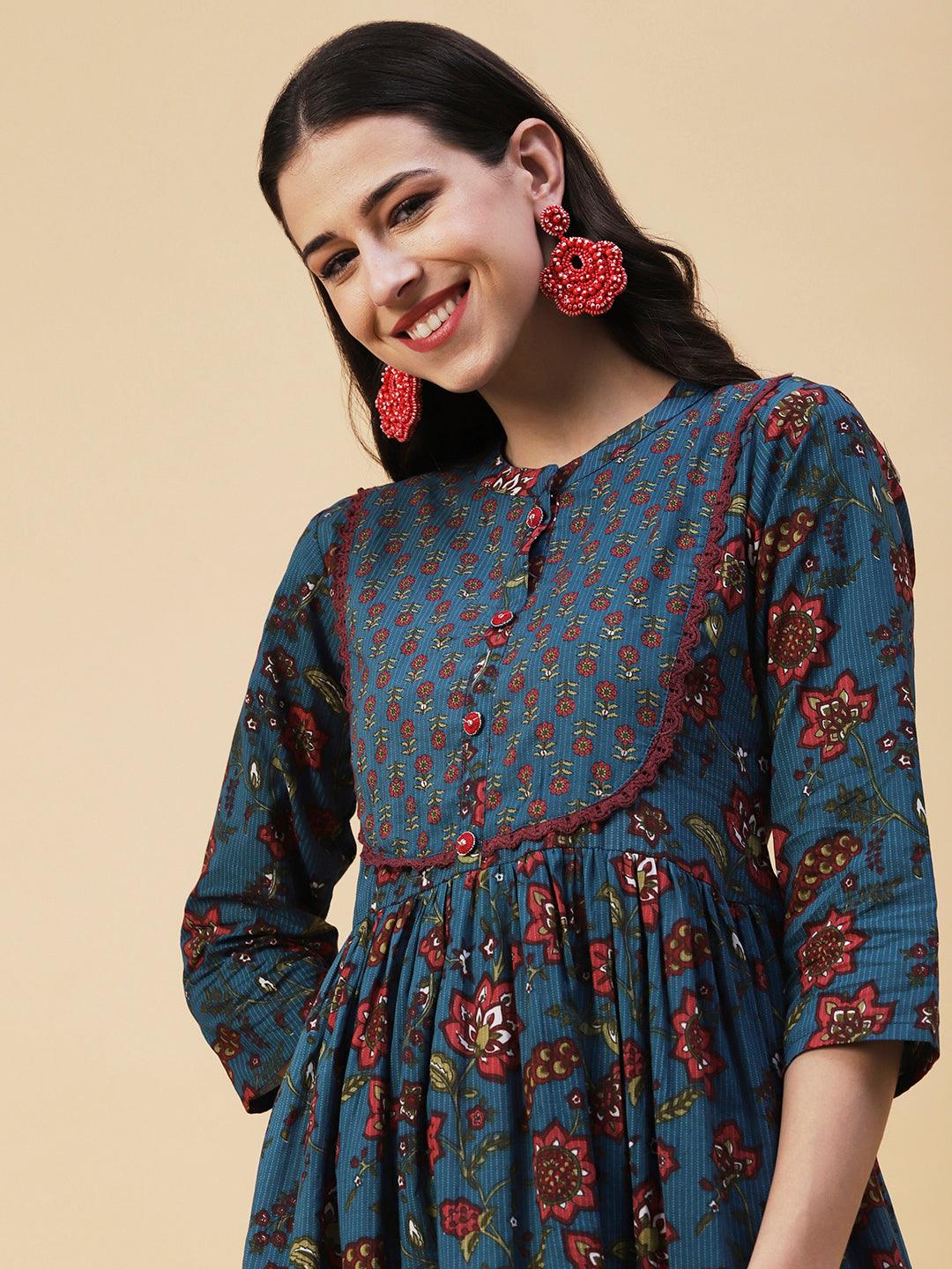 Floral Printed Sequins & Resham Embroidered Empire Frock Kurta - Blue - Indiakreations