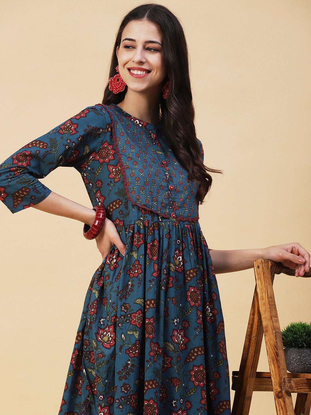 Floral Printed Sequins & Resham Embroidered Empire Frock Kurta - Blue - Indiakreations