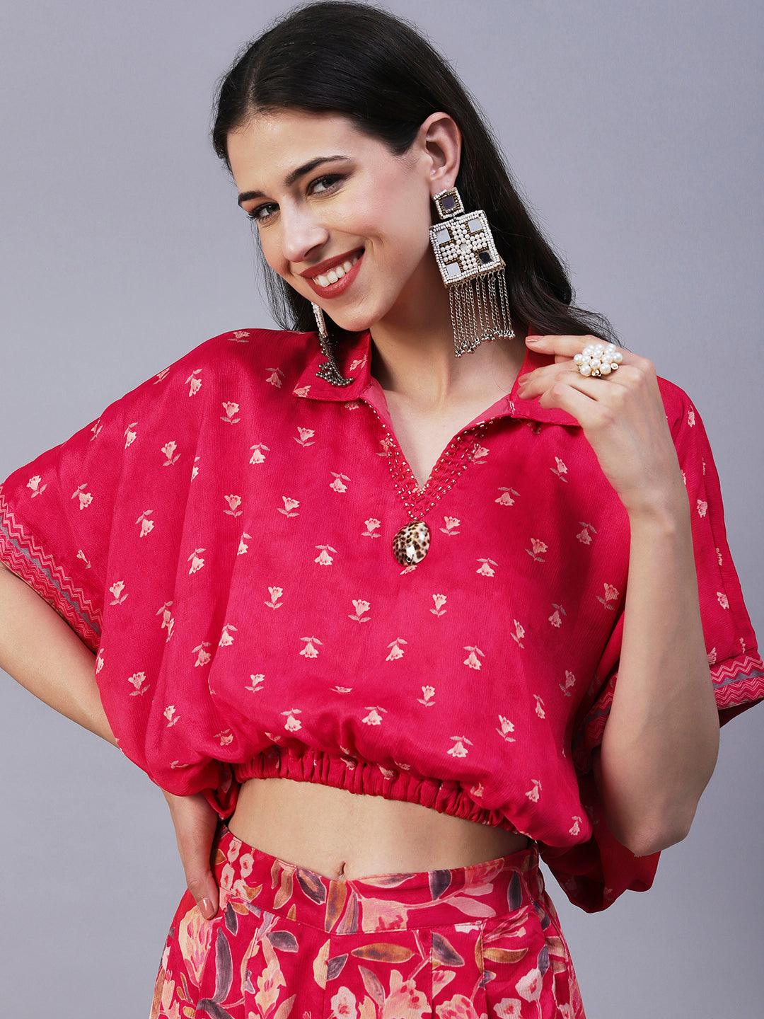 Floral Printed Cutdana Embroidered Crop Top With Floral Palazzo - Fuchsia - Indiakreations