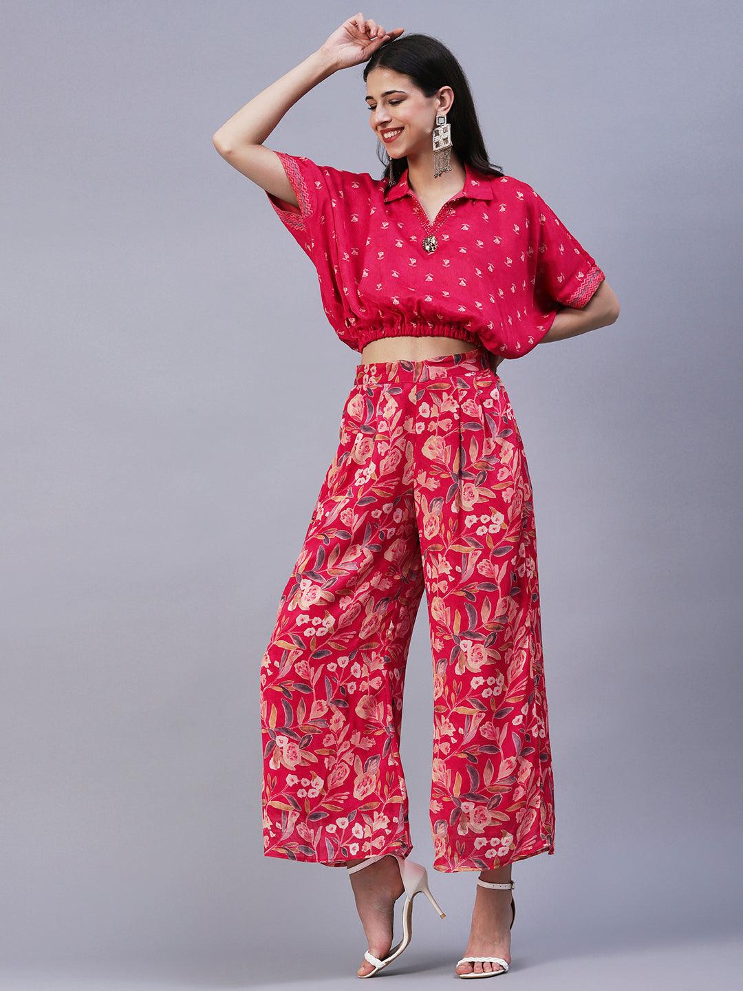 Floral Printed Cutdana Embroidered Crop Top With Floral Palazzo - Fuchsia - Indiakreations