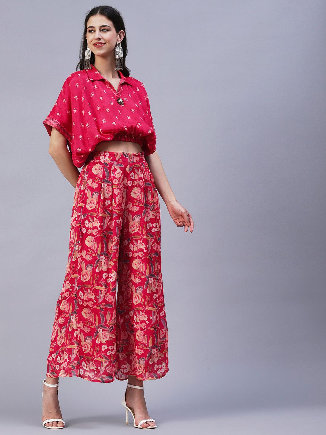 Floral Printed Cutdana Embroidered Crop Top With Floral Palazzo - Fuchsia - Indiakreations