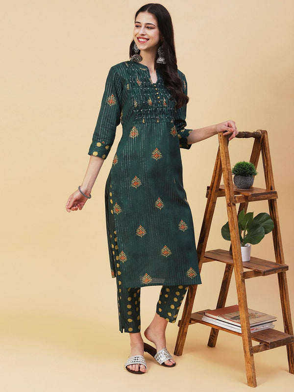 Floral Block Printed Shell Pleated Kurta With Polka Doted Pants - Green - Indiakreations