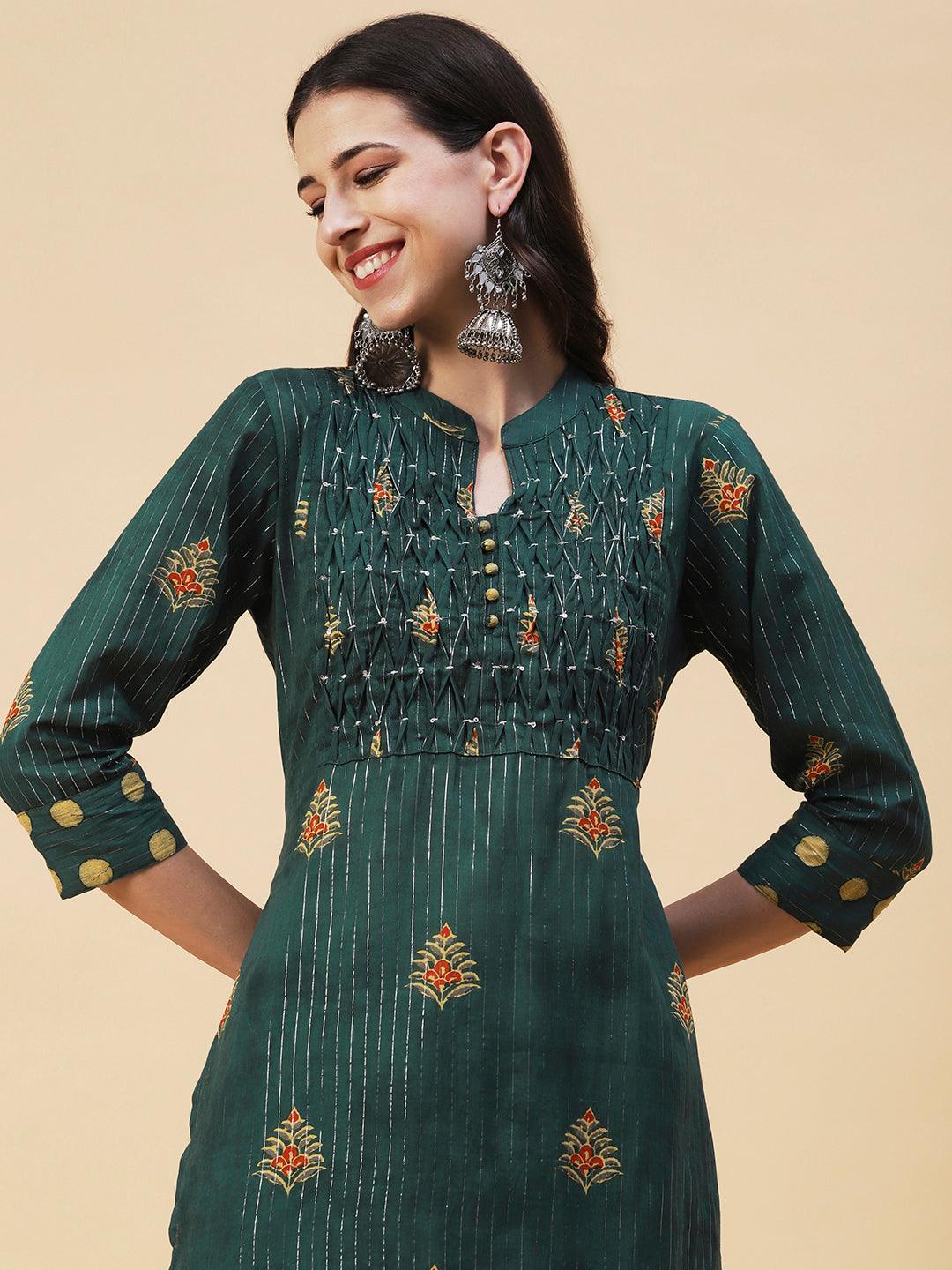 Floral Block Printed Shell Pleated Kurta With Polka Doted Pants - Green - Indiakreations