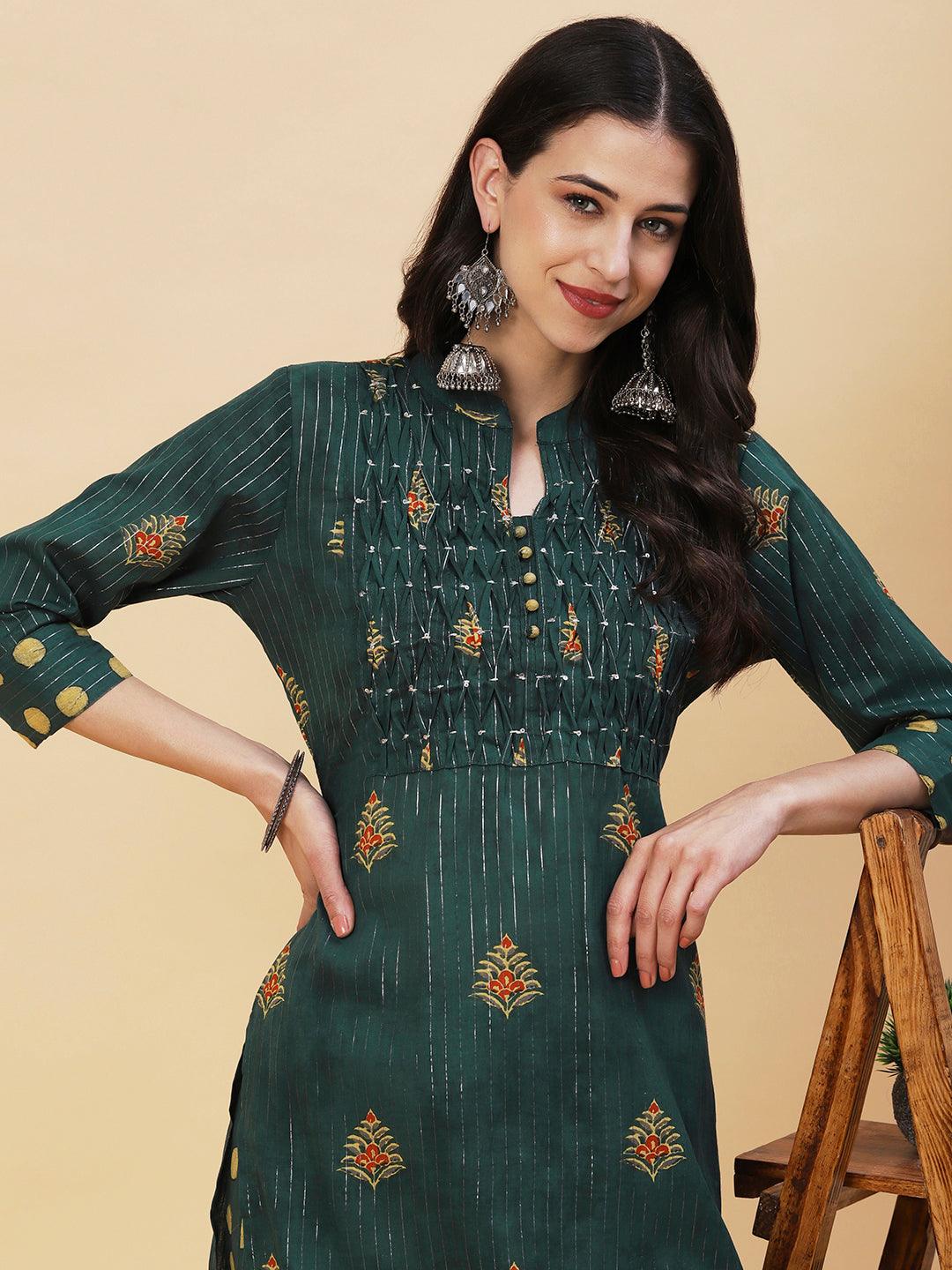 Floral Block Printed Shell Pleated Kurta With Polka Doted Pants - Green - Indiakreations