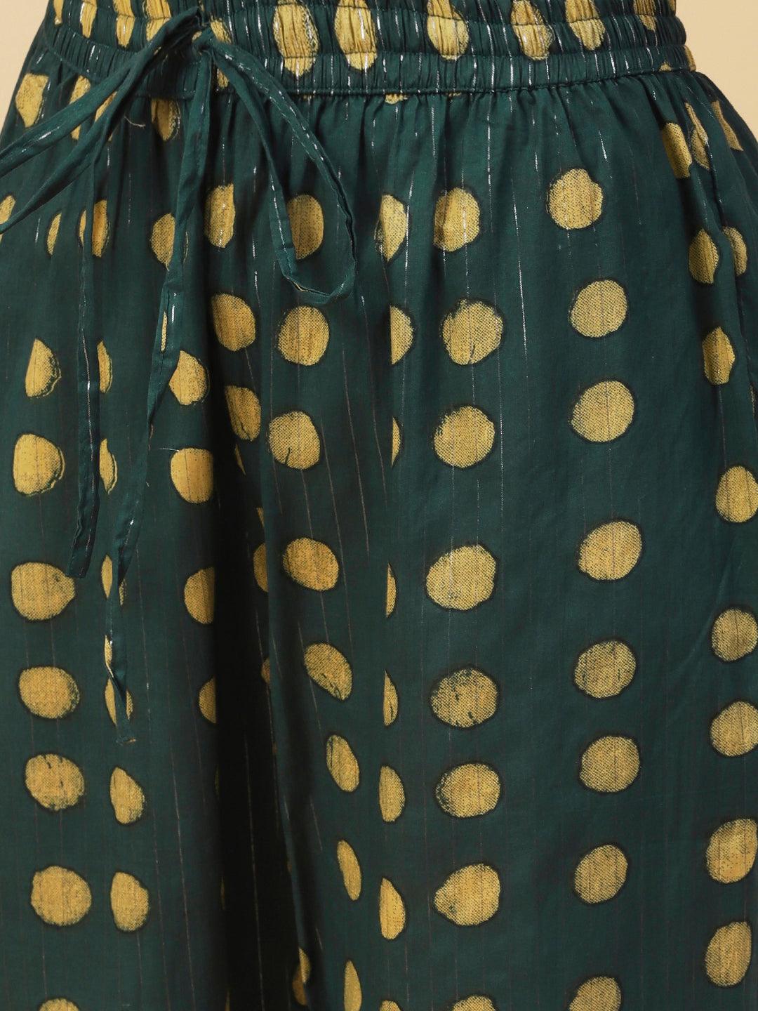 Floral Block Printed Shell Pleated Kurta With Polka Doted Pants - Green - Indiakreations