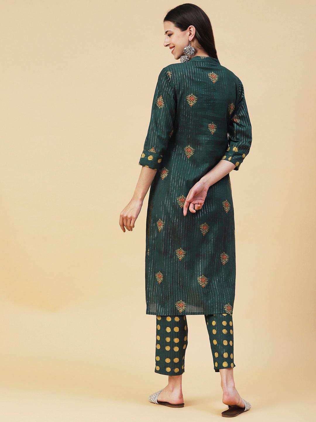 Floral Block Printed Shell Pleated Kurta With Polka Doted Pants - Green - Indiakreations