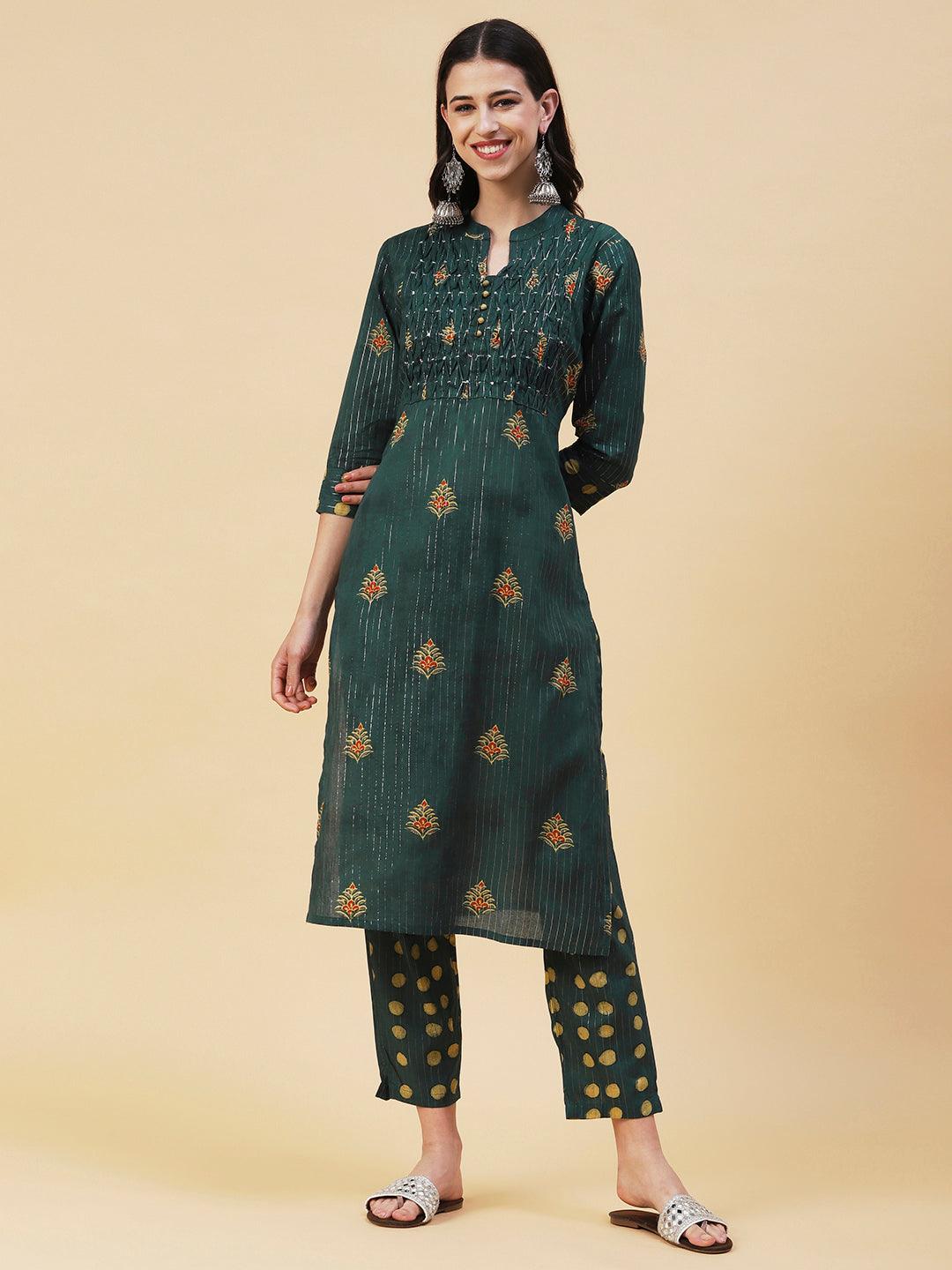 Floral Block Printed Shell Pleated Kurta With Polka Doted Pants - Green - Indiakreations