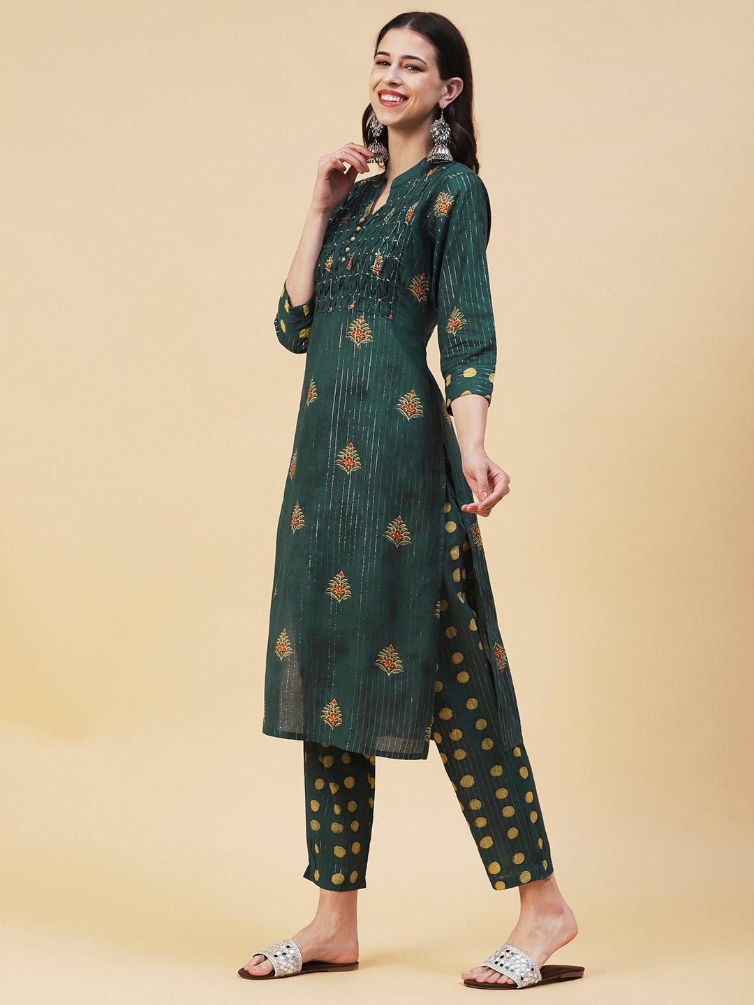 Floral Block Printed Shell Pleated Kurta With Polka Doted Pants - Green - Indiakreations