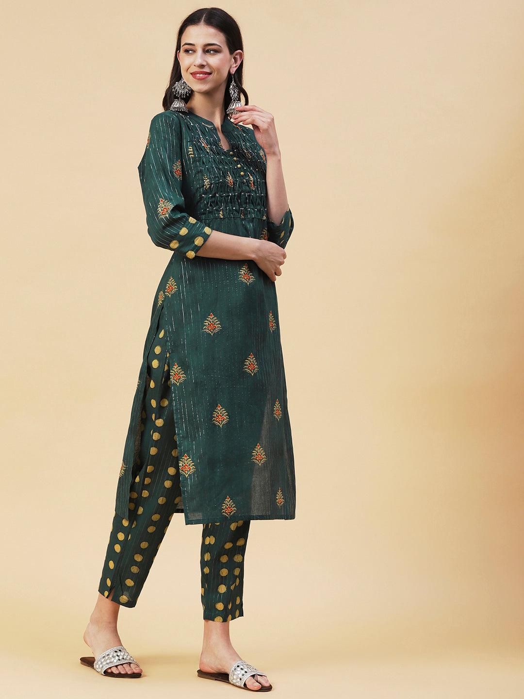 Floral Block Printed Shell Pleated Kurta With Polka Doted Pants - Green - Indiakreations