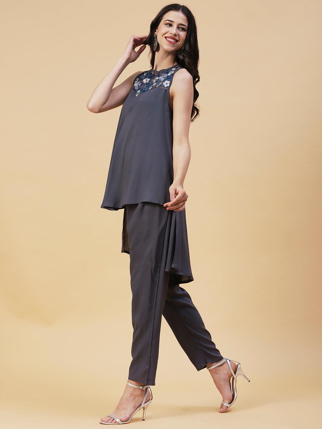 Solid Resham & Beads Embroidered High-Low Kurta with Pants - Grey - Indiakreations