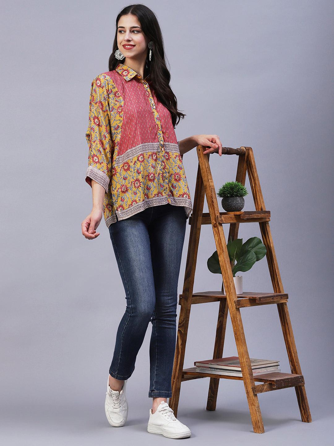 Floral Printed Resham Embroidered Kimono Sleeves Top - Mustard - Indiakreations