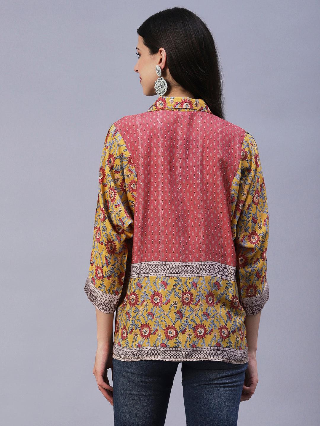 Floral Printed Resham Embroidered Kimono Sleeves Top - Mustard - Indiakreations