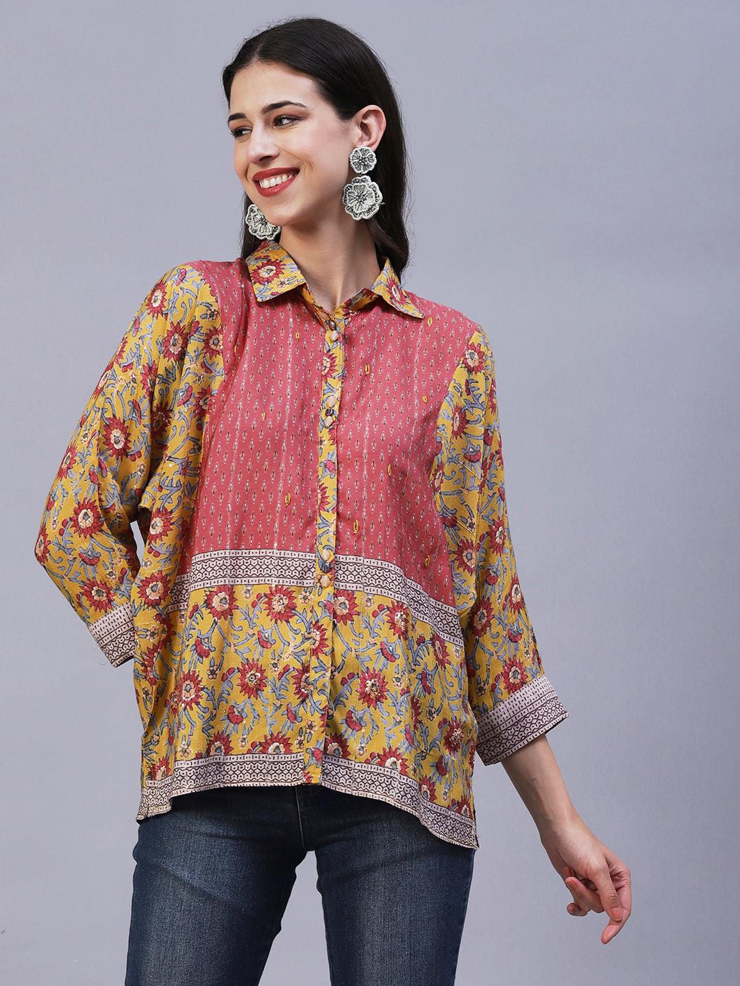 Floral Printed Resham Embroidered Kimono Sleeves Top - Mustard - Indiakreations