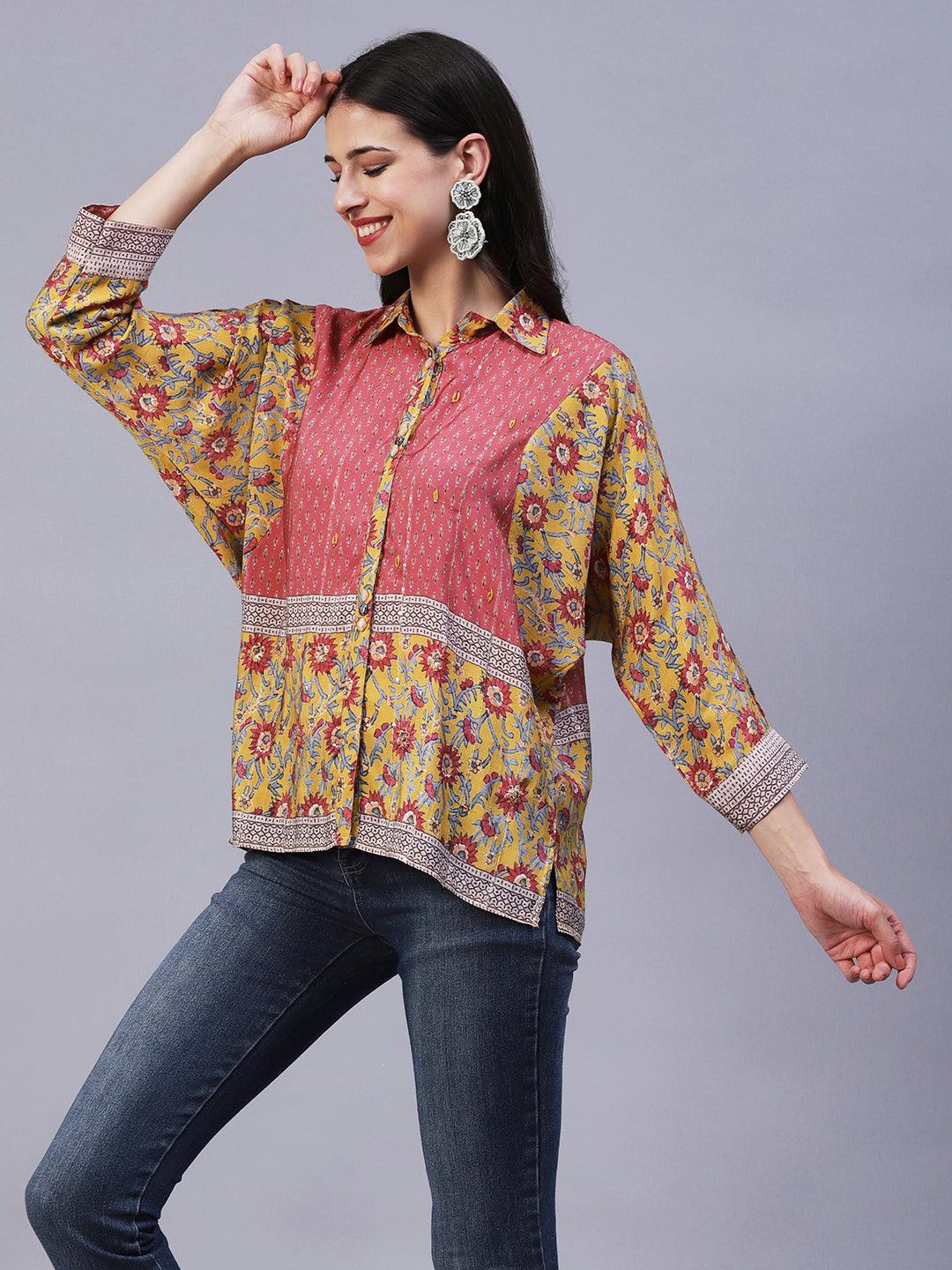 Floral Printed Resham Embroidered Kimono Sleeves Top - Mustard - Indiakreations