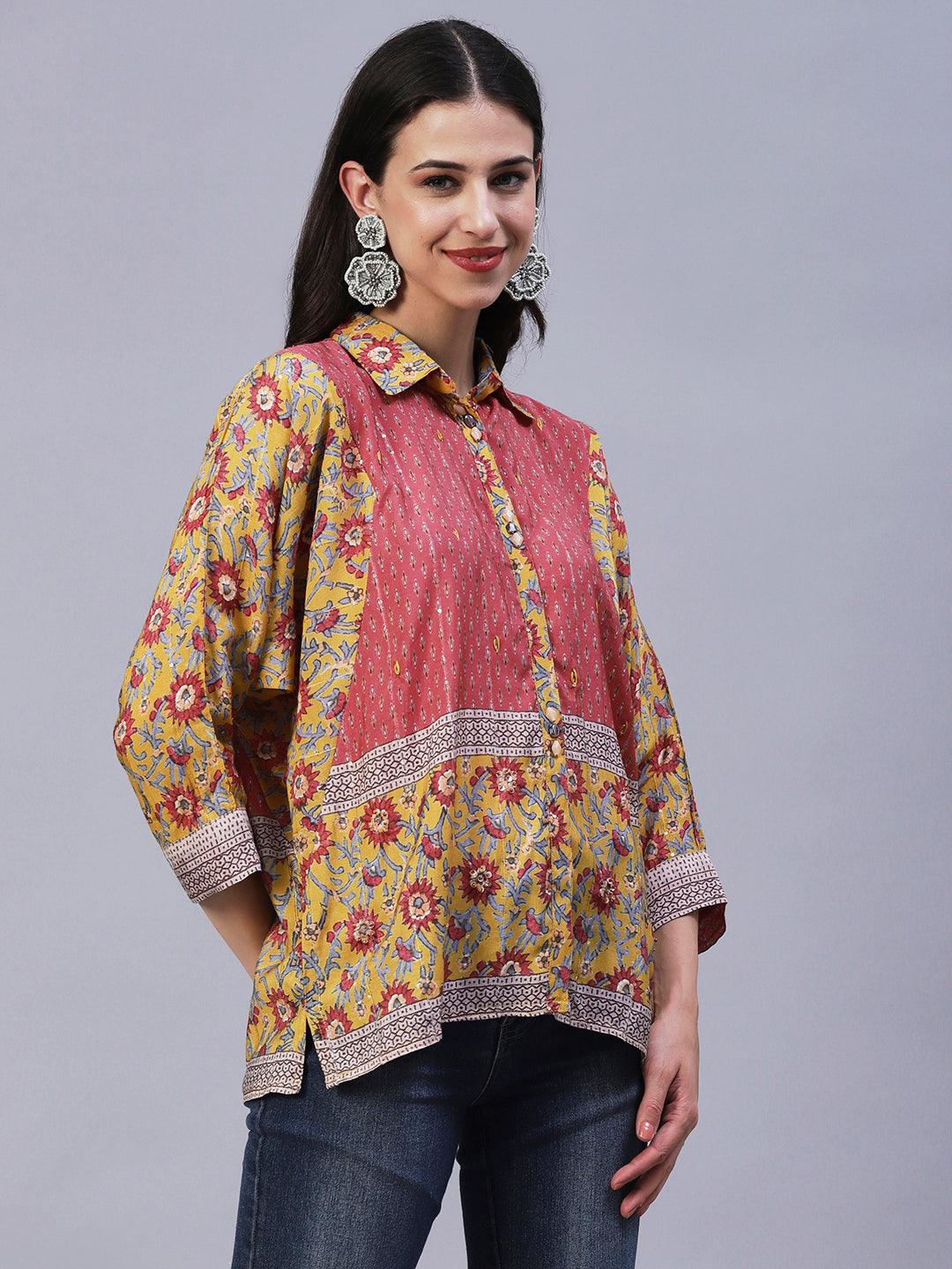 Floral Printed Resham Embroidered Kimono Sleeves Top - Mustard - Indiakreations