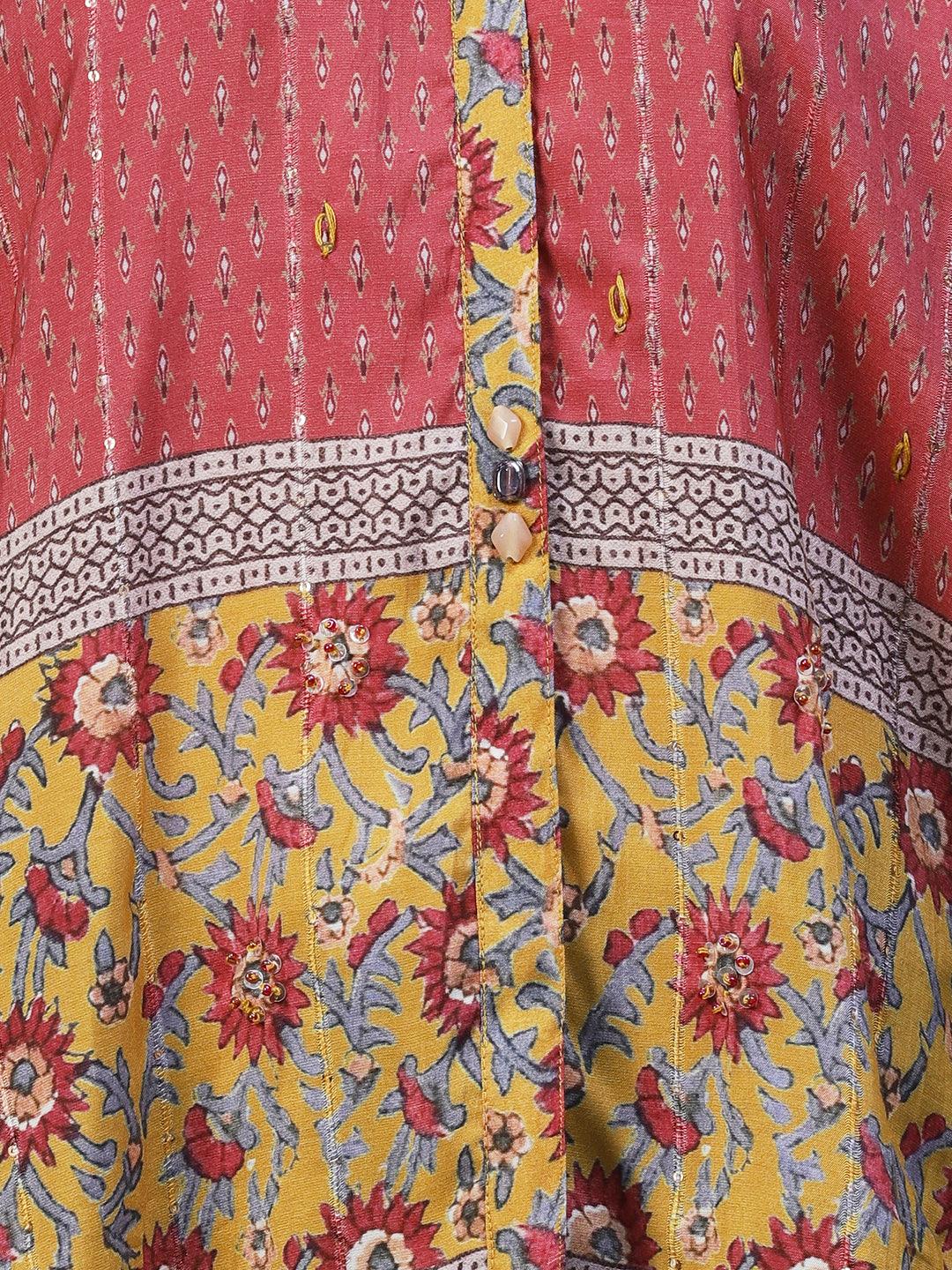 Floral Printed Resham Embroidered Kimono Sleeves Top - Mustard - Indiakreations