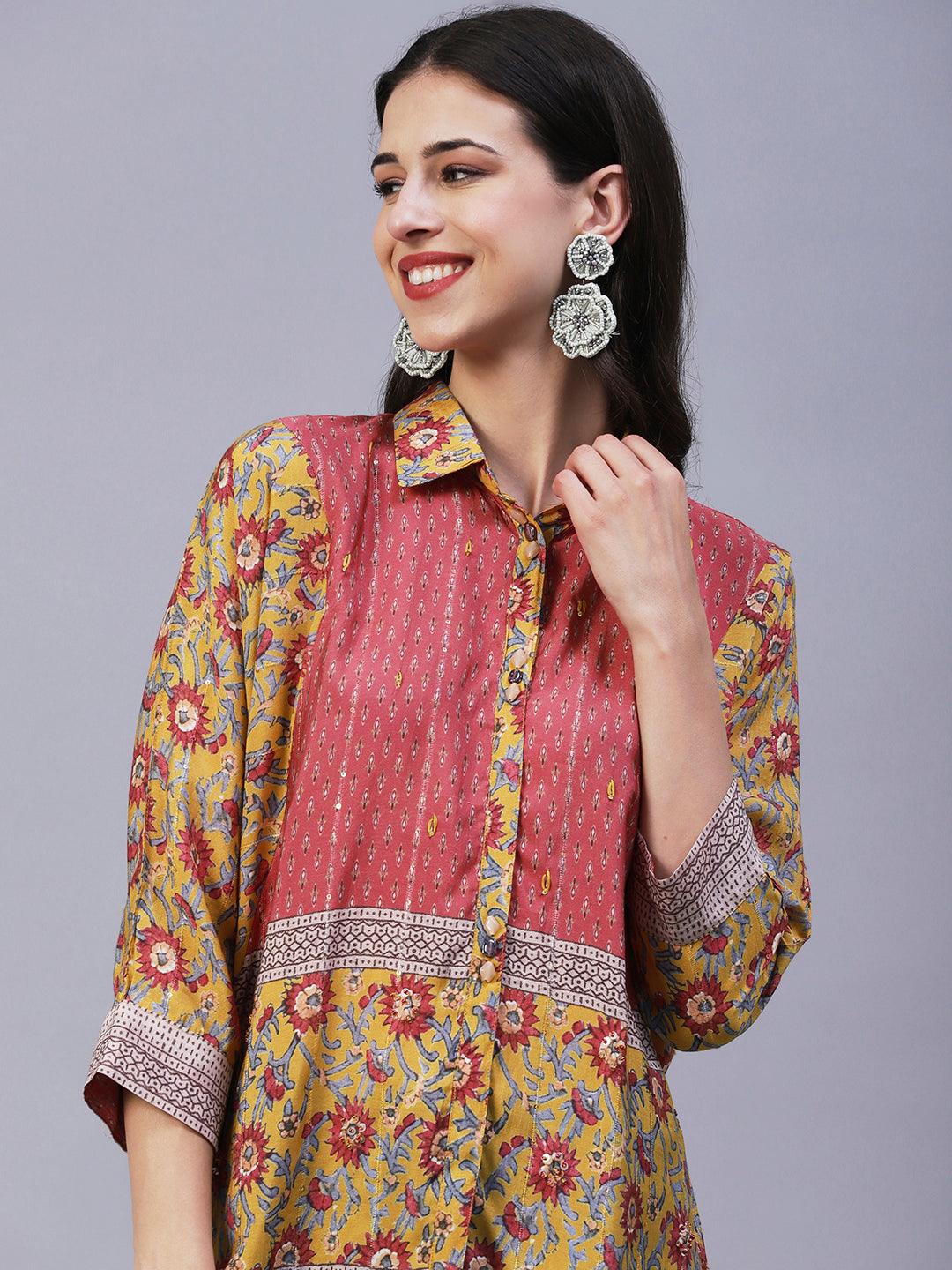 Floral Printed Resham Embroidered Kimono Sleeves Top - Mustard - Indiakreations