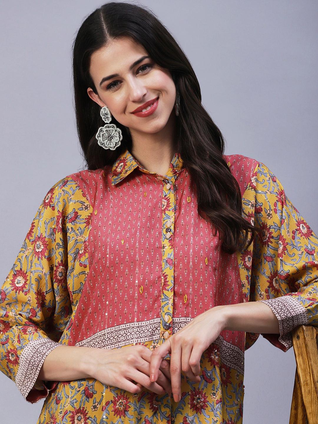 Floral Printed Resham Embroidered Kimono Sleeves Top - Mustard - Indiakreations