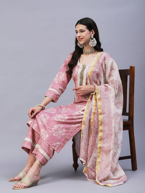 Floral Printed & Embroidered Straight Kurta with Pant & Dupatta - Rose Gold - Indiakreations