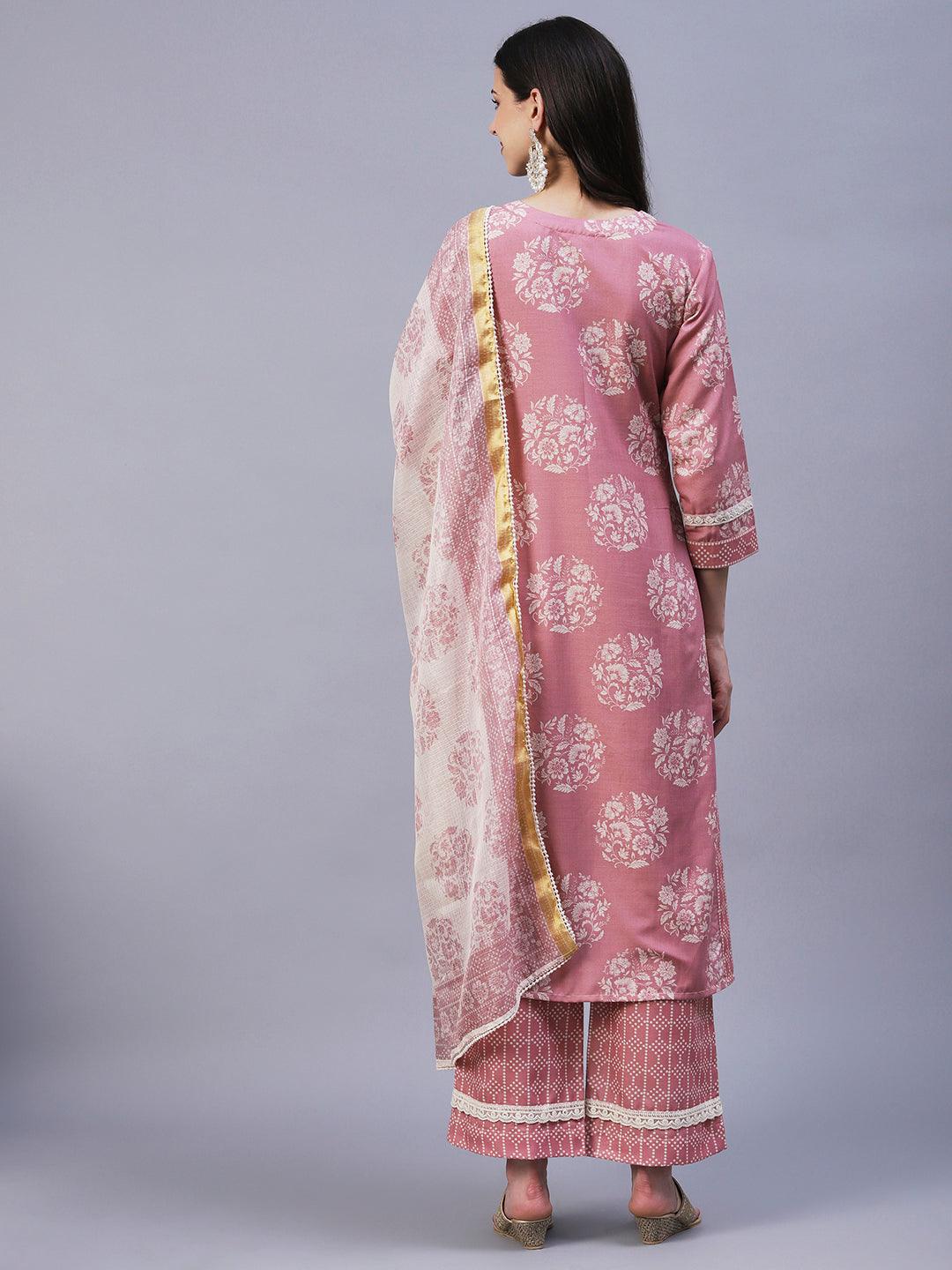 Floral Printed & Embroidered Straight Kurta with Pant & Dupatta - Rose Gold - Indiakreations