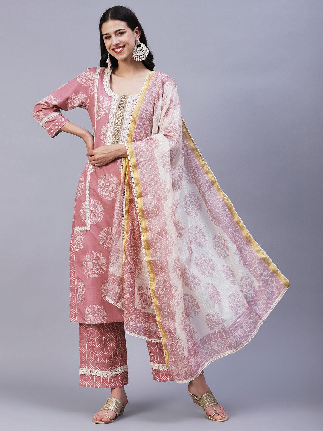 Floral Printed & Embroidered Straight Kurta with Pant & Dupatta - Rose Gold - Indiakreations